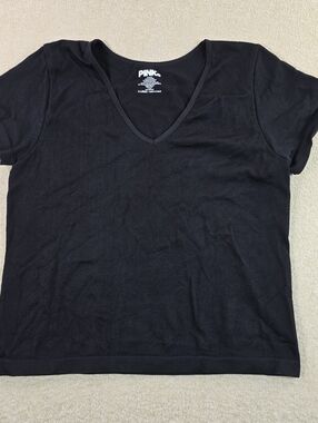 PINK Victoria’s Secret Ribbed Black V Neck Tee Stretch Short Sleeve XL